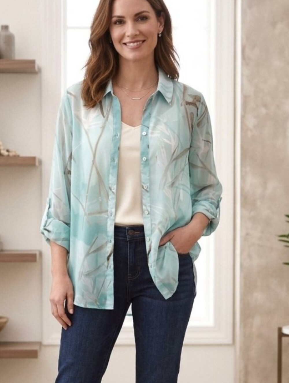 Chico's Classic Button Up Sheer Blouse, Teal Blue & Brown Leaf Pattern, 2(US 12)